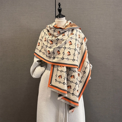 Écharpe Femme Motif Tête de Cheval Chaud Châle en Imitation Cachemire Style Équestre Jacquard Glands Enveloppement Hiver