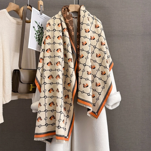 Écharpe Femme Motif Tête de Cheval Chaud Châle en Imitation Cachemire Style Équestre Jacquard Glands Enveloppement Hiver