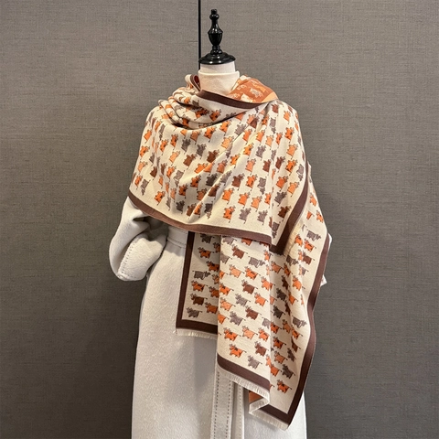 Sciarpa Invernale Calda In Imitazione Cashmere Da Donna Motivo A Vitello Cartone Animato Scialle In Jacquard Spesso Con Nappine