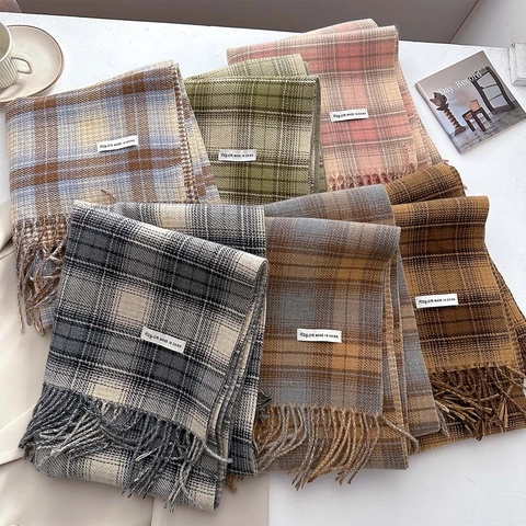 Sciarpa Invernale Imitazione Cashmere Quadri Nappa Caldo Spesso Accessorio Vintage Per Donne