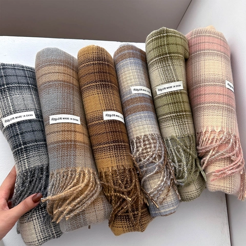 Sciarpa Invernale Imitazione Cashmere Quadri Nappa Caldo Spesso Accessorio Vintage Per Donne