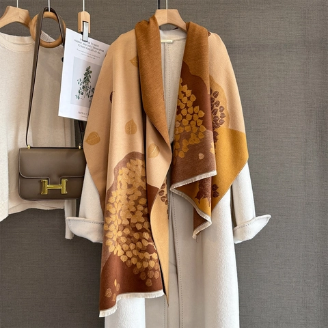 Winter Schal Damen Pashmina Baum Blatt Jacquard Vintage Warm Fransen Stola Für Herbst Winter