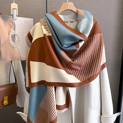 Sciarpa Scialle Jacquard A Righe Geometriche Spessa Calda Imitazione Cashmere Con Frange Accessori Retro Chic Da Donna