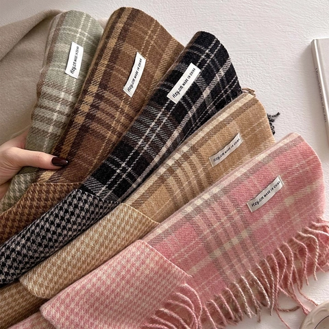 Sciarpa a Quadri Invernale da Donna in Imitazione Cashmere Caldo Scialle Lungo con Nappine Vintage Avvolgente Morbida Moda Pendolare Sciarpa da Collo