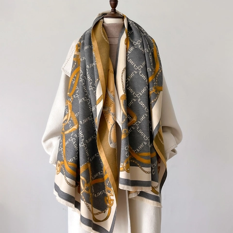 Sciarpa Scialle In Imitazione Cashmere Jacquard Con Lettere Caldo Spesso Nappe Motivo A Catena Donna Autunno Inverno