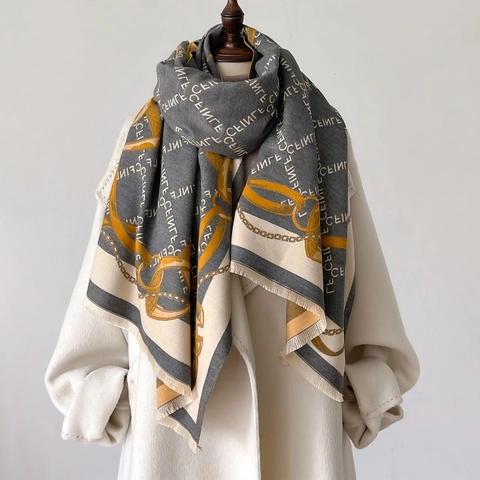 Sciarpa Scialle In Imitazione Cashmere Jacquard Con Lettere Caldo Spesso Nappe Motivo A Catena Donna Autunno Inverno