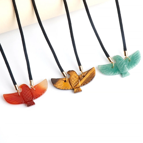 Eagle Pendant Necklace Hand Carved Natural Gemstone Crystal Agate Bird Totem Ethnic Jewelry With Black Cord