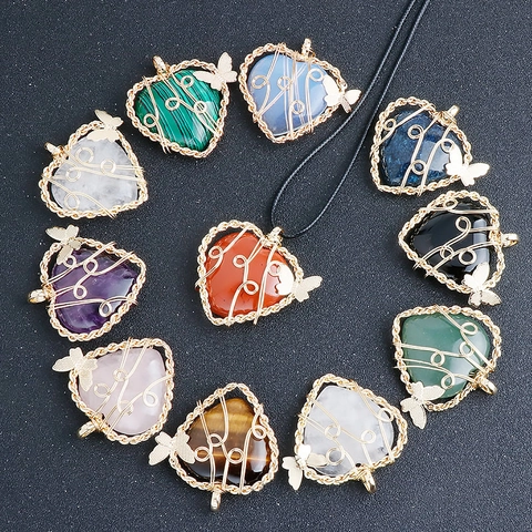 Handmade Wire Wrapped Heart Shaped Natural Stone Pendant Necklace With Butterfly Gold Plated Copper Wire Amethyst Rose Quartz Jewelry For Women