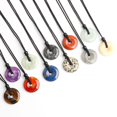 Natural Crystal Agate Semi-Precious Stone Donut Necklace Hand Woven Cord Ping'an Buckle Pendant Jewelry For Women Men
