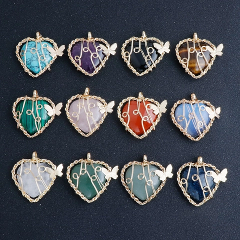 Handmade Wire Wrapped Heart Shaped Natural Stone Pendant Necklace With Butterfly Gold Plated Copper Wire Amethyst Rose Quartz Jewelry For Women