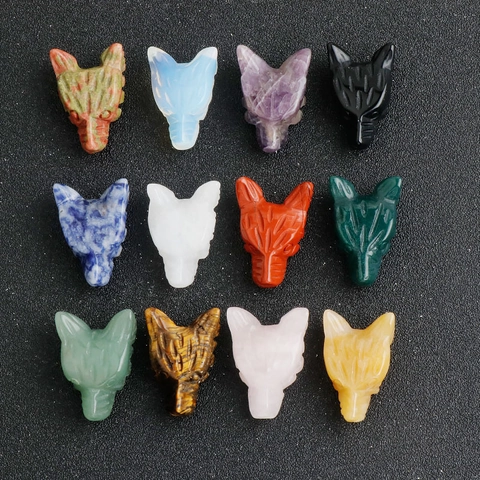 Natürlicher Kristall Geschnitzter Wolfskopf Statue Edelstein Tierfigur Home Office Dekor Amethyst Tigerauge Rosenquarz Ornament