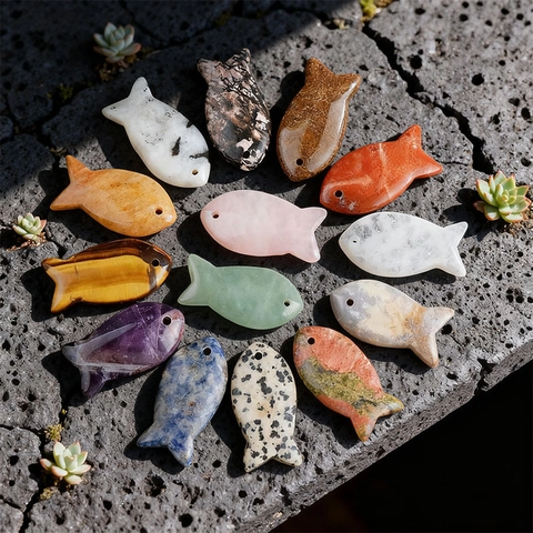 Natural Gemstone Fish Pendant Necklace Amethyst Rose Quartz Tiger Eye Carved Animal Charm DIY Jewelry Making Accessory