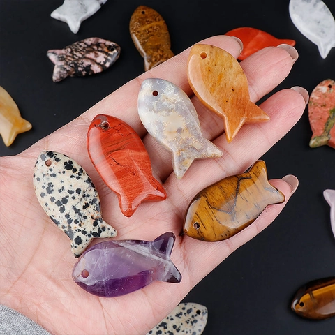 Natural Gemstone Fish Pendant Necklace Amethyst Rose Quartz Tiger Eye Carved Animal Charm DIY Jewelry Making Accessory
