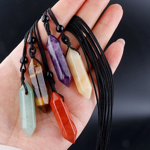 Hexagonal Column Pendant Necklace Natural Stone Amethyst Rose Quartz Healing Spiritual Jewelry Adjustable Braided Rope