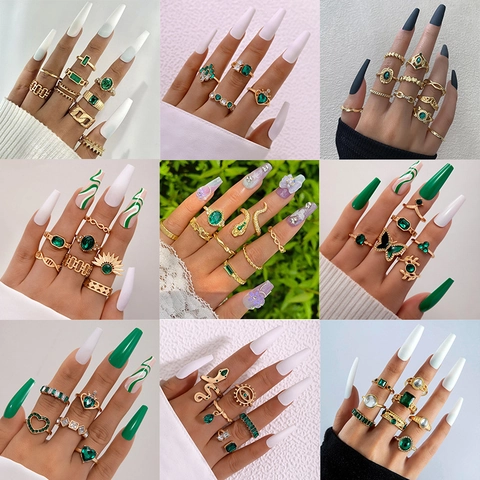 Retro-Böhmen Vergoldetes Legierung Ring-Set Mit Faux Smaragd Strass Herz Schlange Schmetterling Böser Blick Fingerringe Für Damen Schmuck