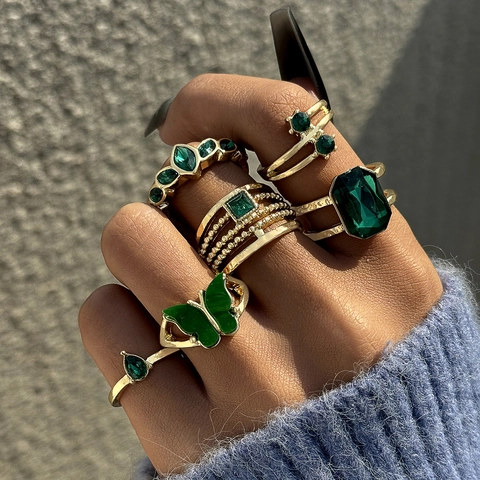 Anillos Apilables Bohemios Vintage Aleación Color Dorado Piedra Preciosa Verde Cristal Anillos Geométricos Mujeres Joyería Moda Retro