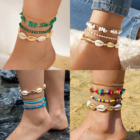 Tobilleras Bohemias Conchas Colgante Estrella De Mar Cuentas Piedra Turquesa Multicapa Joyería De Playa Para Mujeres