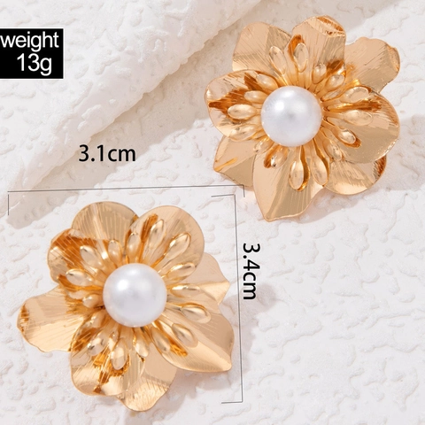 Pendientes De Flores De Aleación Con Perla Artificial De Imitación Y Poste De Hierro Joyas Geométricas Exageradas Sol Dorado Para Mujeres