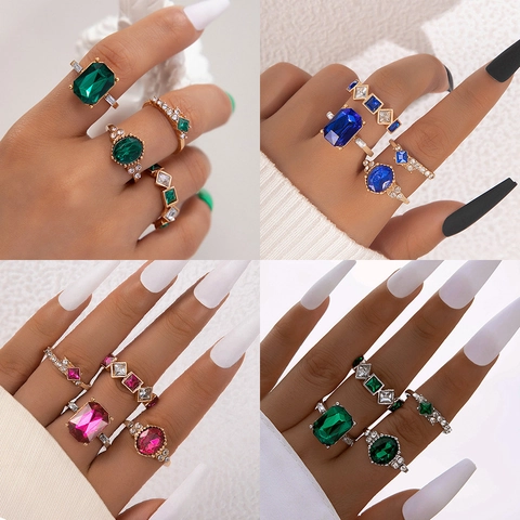 Bagues Vintage Géométriques Pierres Précieuses Colorées Alliage Plaqué Or Argent Luxe Bohème Mode Bijoux Femmes Accessoires