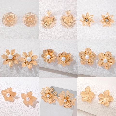 Pendientes De Flores De Aleación Con Perla Artificial De Imitación Y Poste De Hierro Joyas Geométricas Exageradas Sol Dorado Para Mujeres
