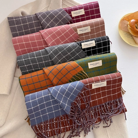Winter Karierter Schal Kaschmir-Imitat Warm Verdickt Quasten Schal Vintage Karomuster Umhang Unisex Elegant Klassisch