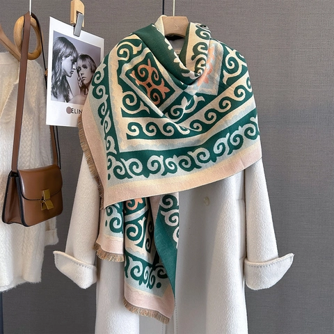 Sciarpa In Imitazione Cashmere Con Motivo Geometrico Scialle Vintage Etnico Con Nappa Grande Avvolgimento Invernale Caldo Per Donna Jacquard Spesso