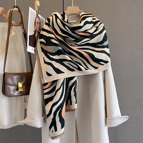 Sciarpa Scialle Stampa Zebra Imitazione Cashmere Morbido Caldo Avvolgente Invernale Con Nappe Motivo Animale Per Donne