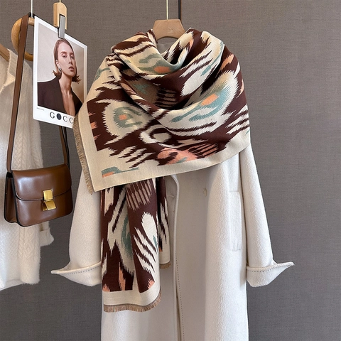 Écharpe Châle D'Hiver Imitation Cachemire Épais Chaud Imprimé Géométrique Ethnique Glands Accessoire De Mode Pour Femmes