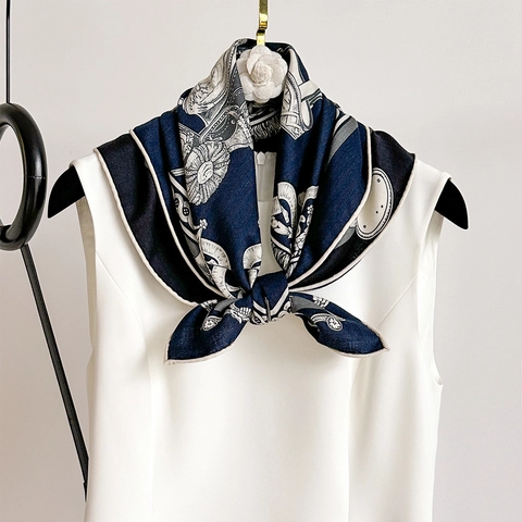 Elegant Square Scarf Satin Wool Blend Printed Equestrian Horse Bit Pattern Hand Rolled Edge Professional Neck Scarf For Women