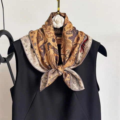 Pañuelo Cuadrado De Mezcla De Satén Y Lana Doble Cara Color Contraste Estampado Animal Mítico Elegante Foulard Para Mujeres