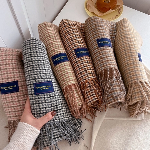 Sciarpa A Quadri Moda Donna Scialle Caldo Spesso Finto Cachemire Con Nappe Classico Pied De Poule Intrecciato Inverno