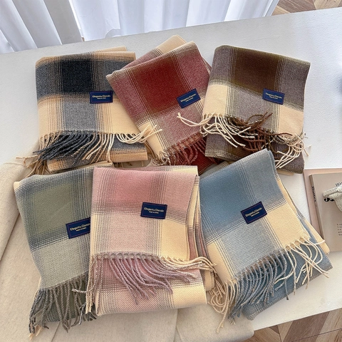 Écharpe À Carreaux Pour Femmes Imitation Cachemire Épaisse Chaude Châle Hiver Style Coréen Design Color Block Avec Franges