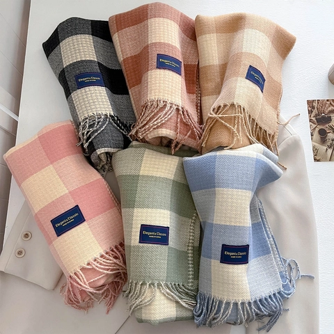 Sciarpa A Quadri Simil Cashmere Calda Spessa Scialle Con Frange Grande Griglia Pied De Poule Inverno