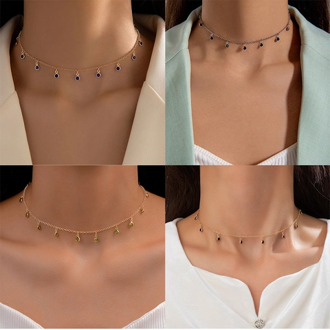 Collar Choker De Aleación Con Colgantes De Strass Redondos Y Gota Cadena De Clavícula Ajustable Elegante Para Mujeres