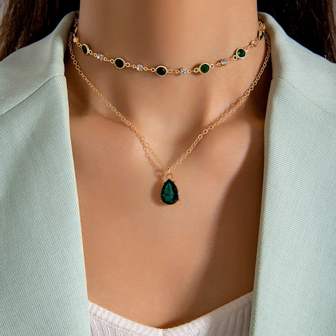 Collier Multirangs Pendentif Goutte Deau Vert Émeraude Alliage Style Rétro Vintage Bijoux Pour Femmes