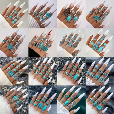Vintage Bohemian Silver Alloy Ring Set With Synthetic Turquoise Snake Moon Sunflower Geometric Totem Design For Women Ethnic Party Jewelry