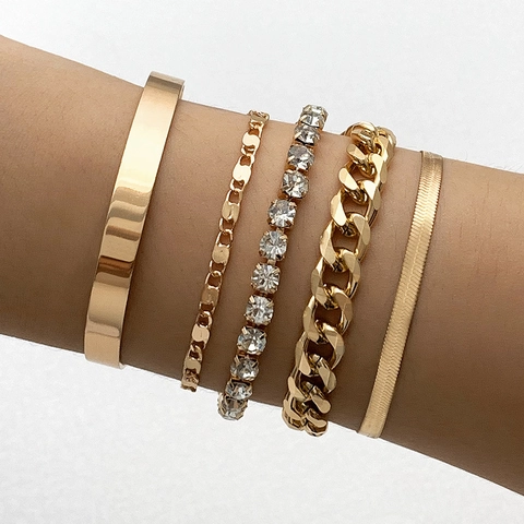 Bracciale Multistrato Rigido Lega Zinco Placcato Oro Con Strass Tennis Curb Catena Serpente Gioielli Impilabili Donna