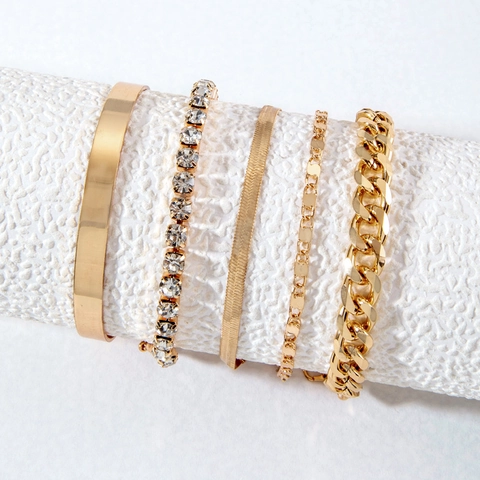 Bracciale Multistrato Rigido Lega Zinco Placcato Oro Con Strass Tennis Curb Catena Serpente Gioielli Impilabili Donna