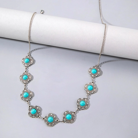 Bohemian Retro Waist Chain For Women Carved Flower Metal Body Chain With Blue Turquoise Vintage Ethnic Adjustable