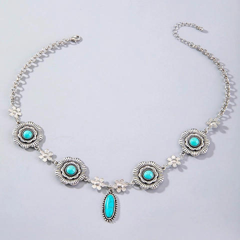 Bohemian Retro Legierung Halskette Mit Faux Türkis Blumen Anhänger Vintage Ethnischen Stil Für Frauen