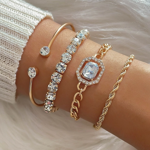 Vintage Gold Alloy Rhinestone Butterfly Heart Star Moon Bracelet Set For Women Fashion Punk Jewelry Layered Bangle Set