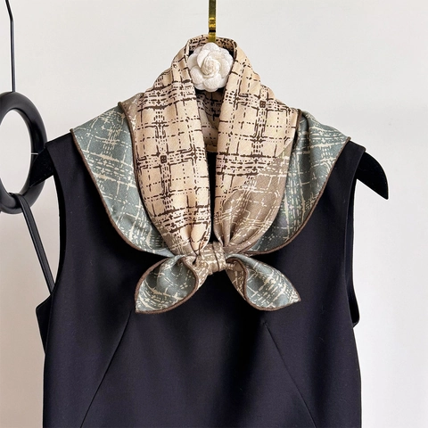 Foulard Quadrato Elegante Misto Lana E Raso Di Gelso Stampa A Quadri Double Face Blocco Di Colore Per Donna Moda