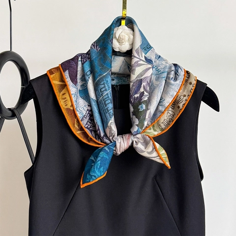 Double Sided Vintage Botanical Floral Print Satin Wool Blend Square Scarf Elegant Hand Rolled Edge Fashion Neck Wrap