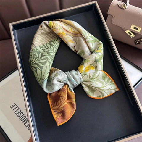 Double Sided Vintage Botanical Floral Print Satin Wool Blend Square Scarf Elegant Hand Rolled Edge Fashion Neck Wrap