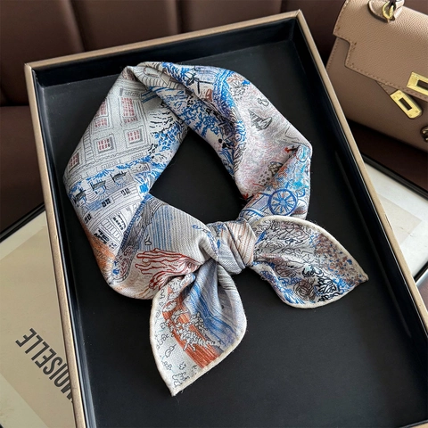 Sciarpa Quadrata Stampa Mondo Fantastico Artistico Raso Di Gelso E Lana Doppio Lato Elegante Retro Donna