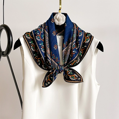 Satin Wool Square Scarf Floral Print Double Sided Elegant Shawl For Women Vintage Soft Neck Wrap