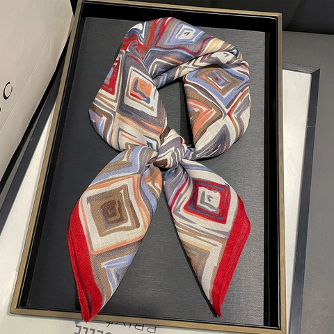 Elegant Geometric Color Block Printed Square Scarf For Women Satin Feel Polyester Neck Scarf Lightweight Fashion Shawl Wrap