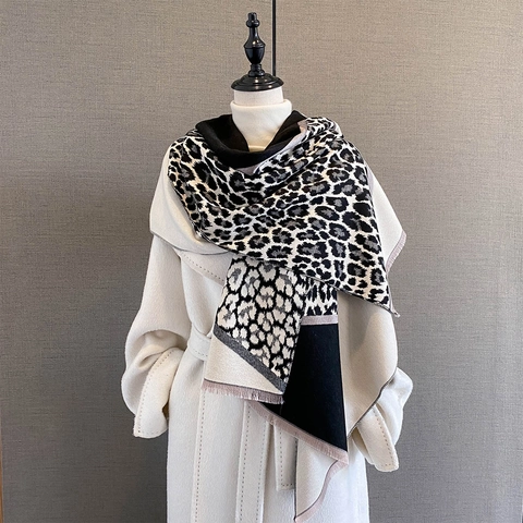 Leopard Print Patchwork Shawl Scarf For Women Thickened Warm Imitation Cashmere Pashmina With Tassels Fashion Winter Wrap