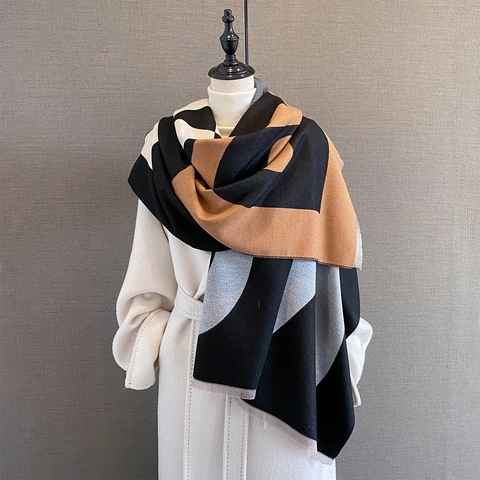 Geometrischer Patchwork Imitations Kaschmir Schal Warm Dick Tassel Schal Buchstaben Druck Winter Wrap Für Damen