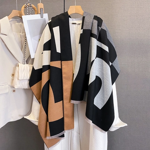 Geometrischer Patchwork Imitations Kaschmir Schal Warm Dick Tassel Schal Buchstaben Druck Winter Wrap Für Damen